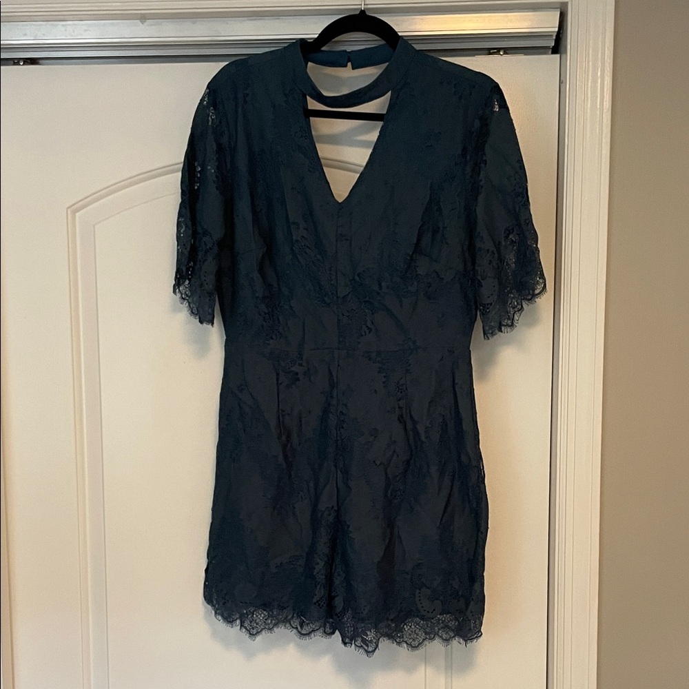 NWT! Francesca’s Miami Dark Blue Lace romper